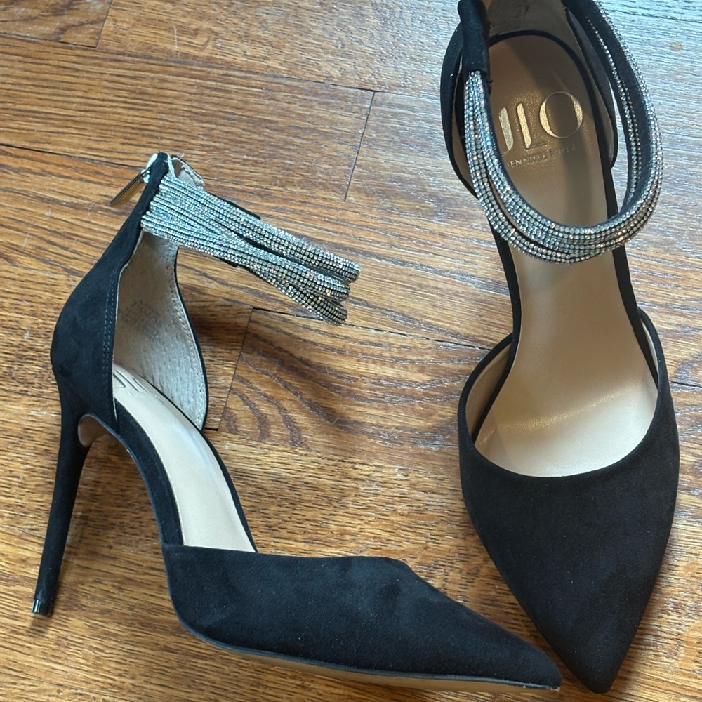 Jennifer Lopez Black Suede Heels with Silver Beaded Ankle Strap